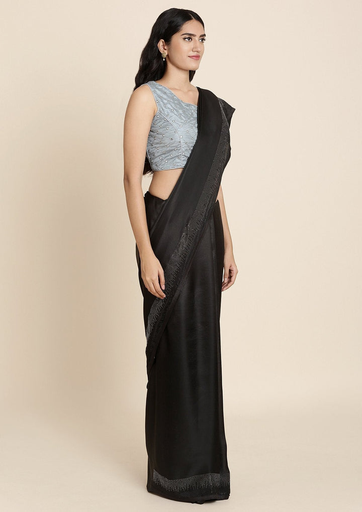 Black Swarovski Satin Designer Saree - koskii