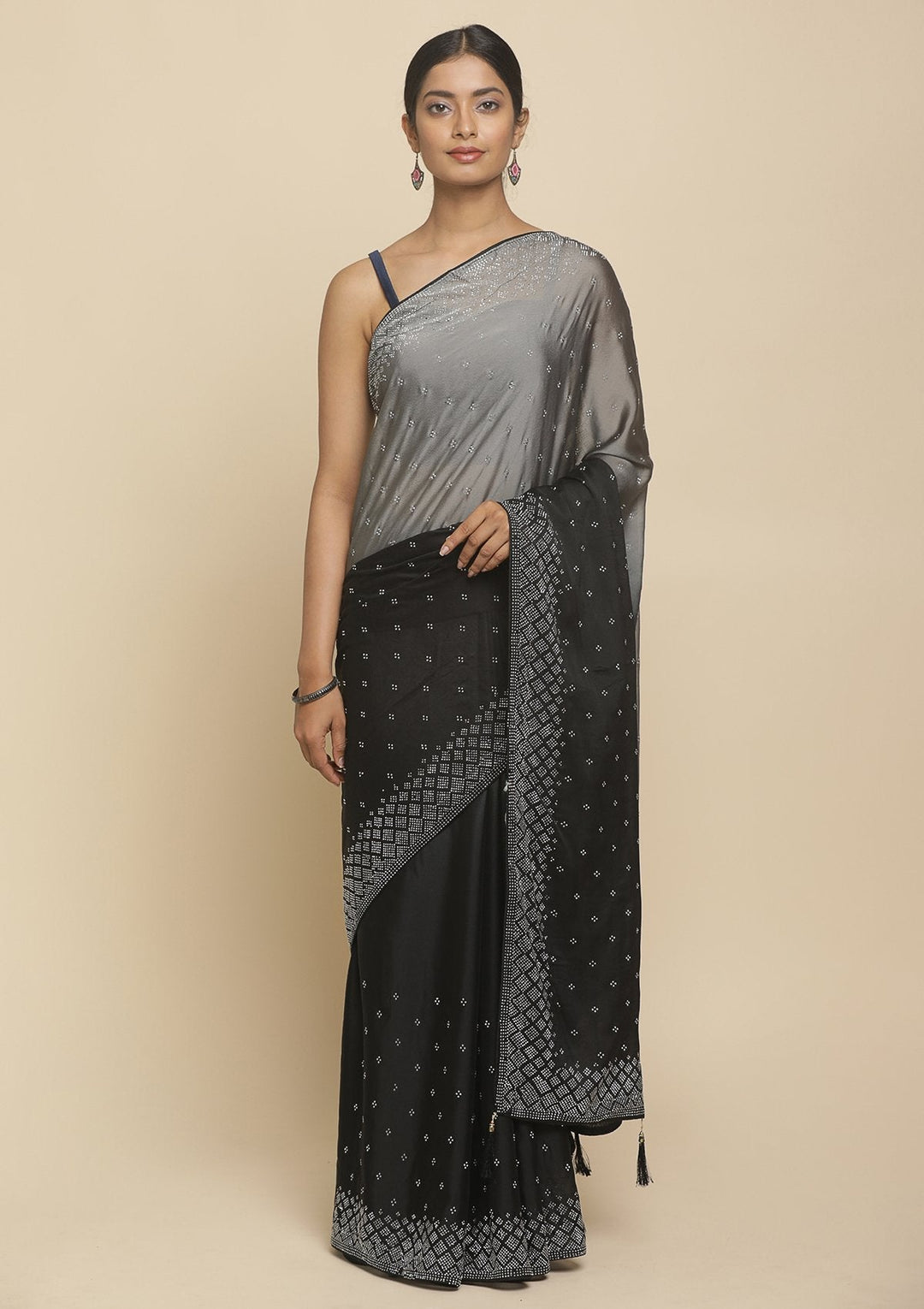 Black Swarovski  Satin Designer Saree - koskii