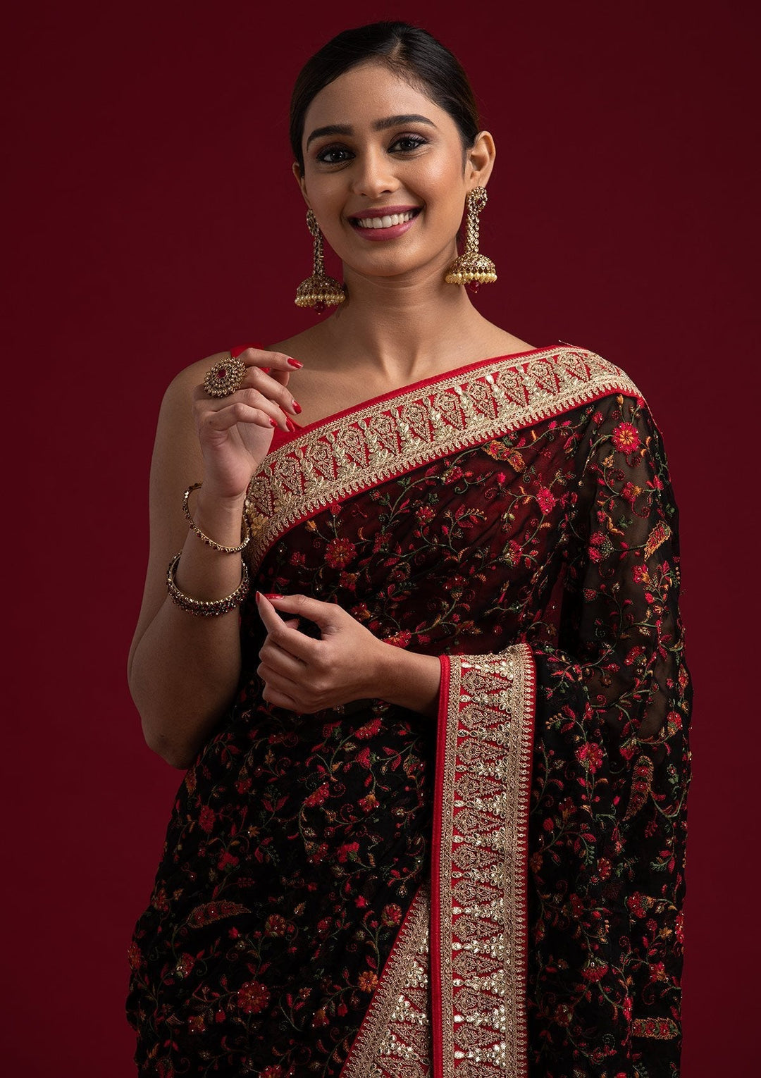 Black Threadwork Georgette Designer Saree - koskii