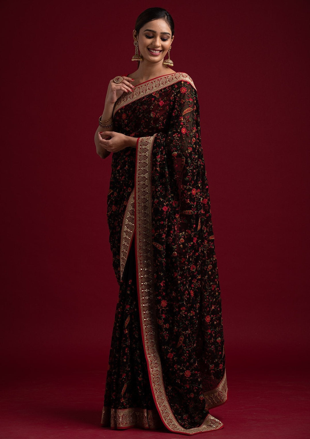 Black Threadwork Georgette Designer Saree - koskii