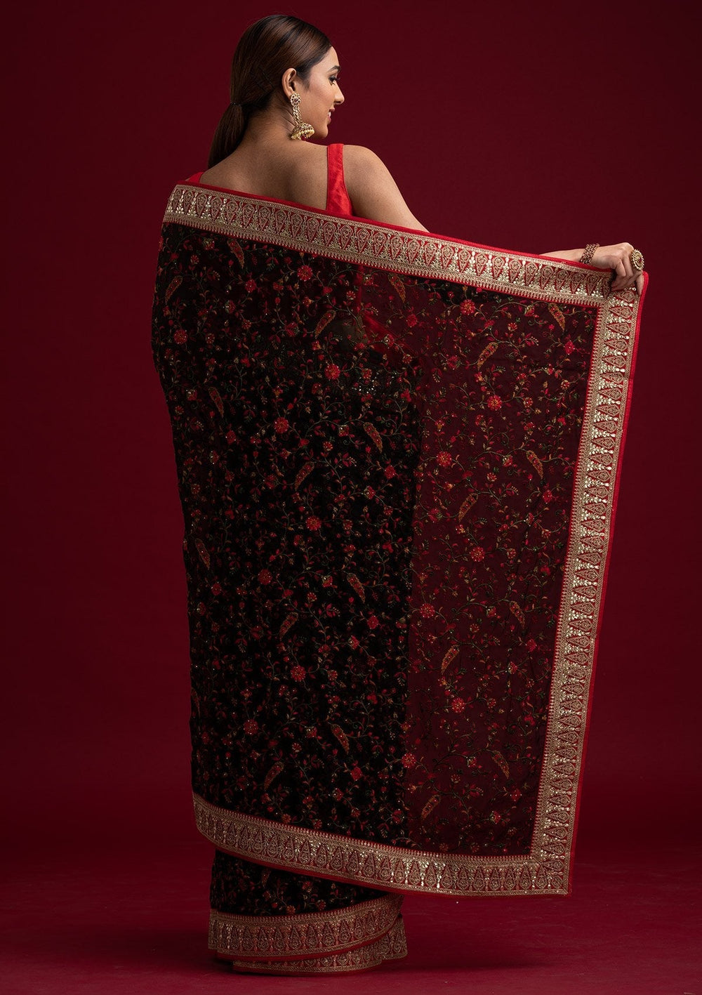 Black Threadwork Georgette Designer Saree - koskii