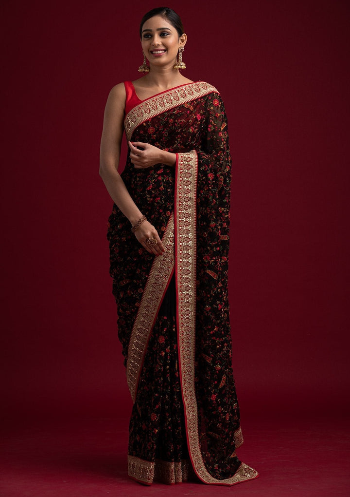 Black Threadwork Georgette Designer Saree - koskii