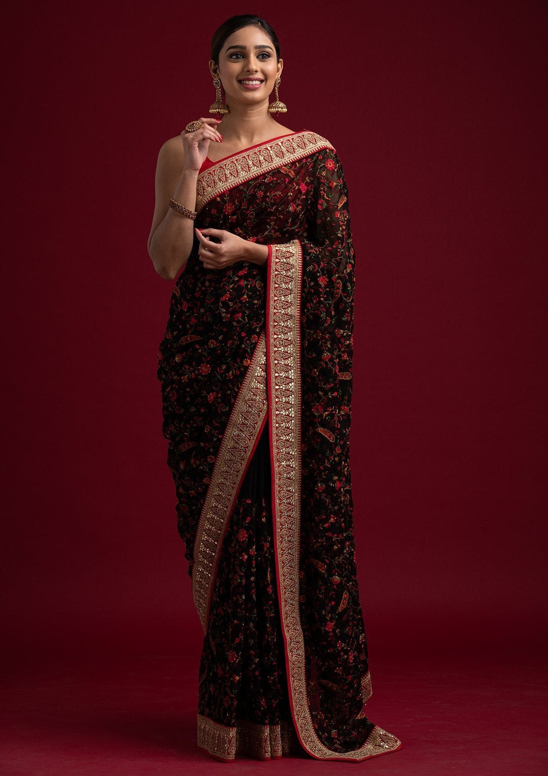 Black Threadwork Georgette Designer Saree - koskii
