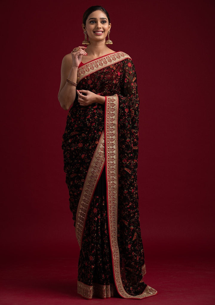 Black Threadwork Georgette Designer Saree - koskii