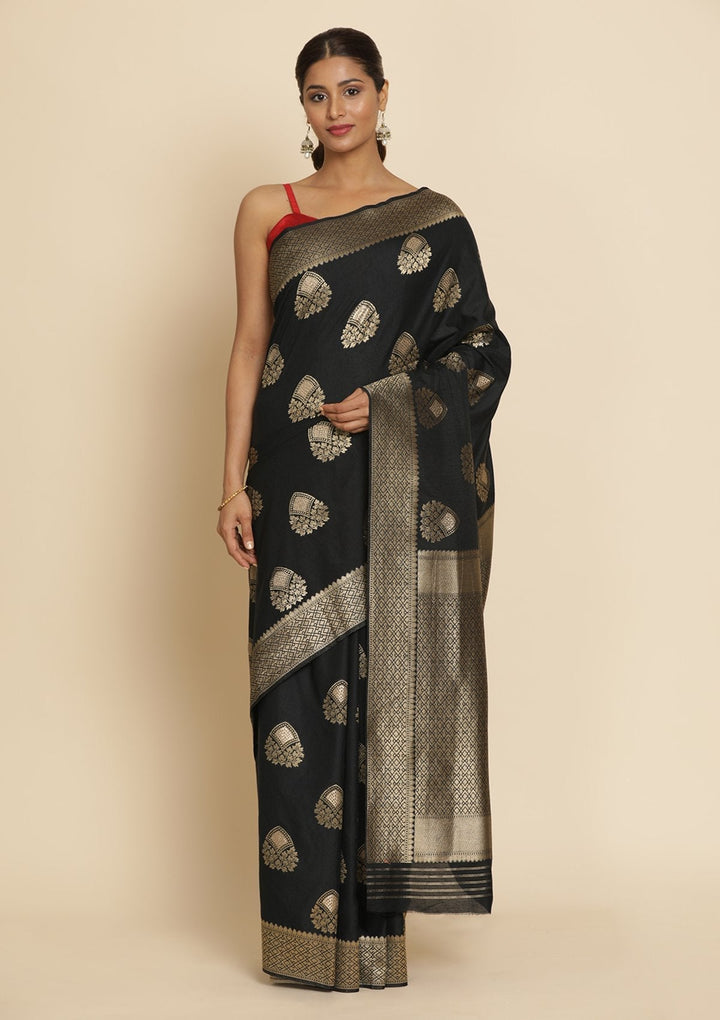 Black Zariwork Raw Silk Designer Saree - koskii