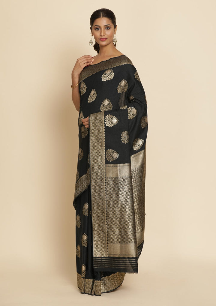 Black Zariwork Raw Silk Designer Saree - koskii