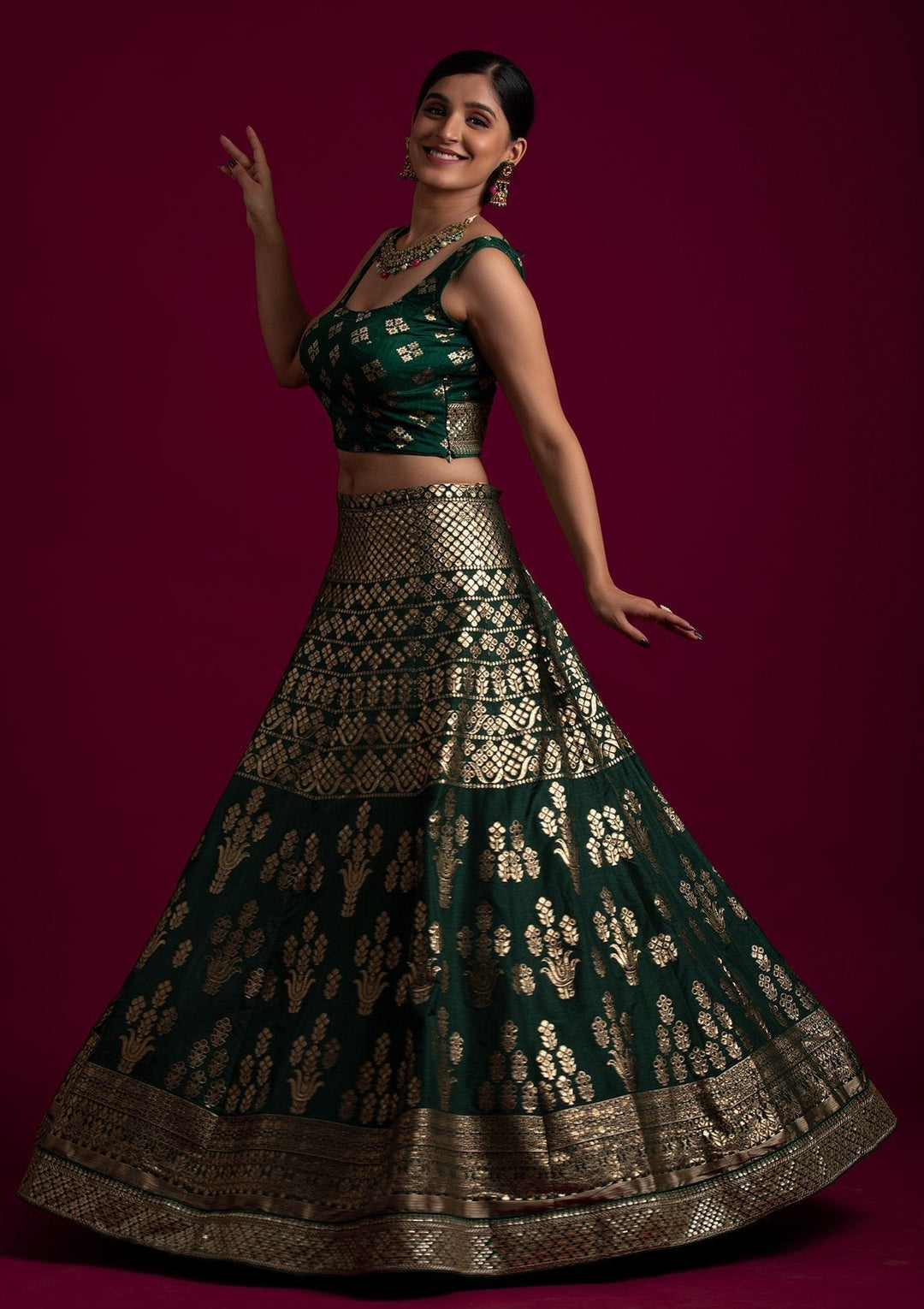 Bottle Green Sequins Banarasi Designer Semi-Stitched Lehenga - koskii