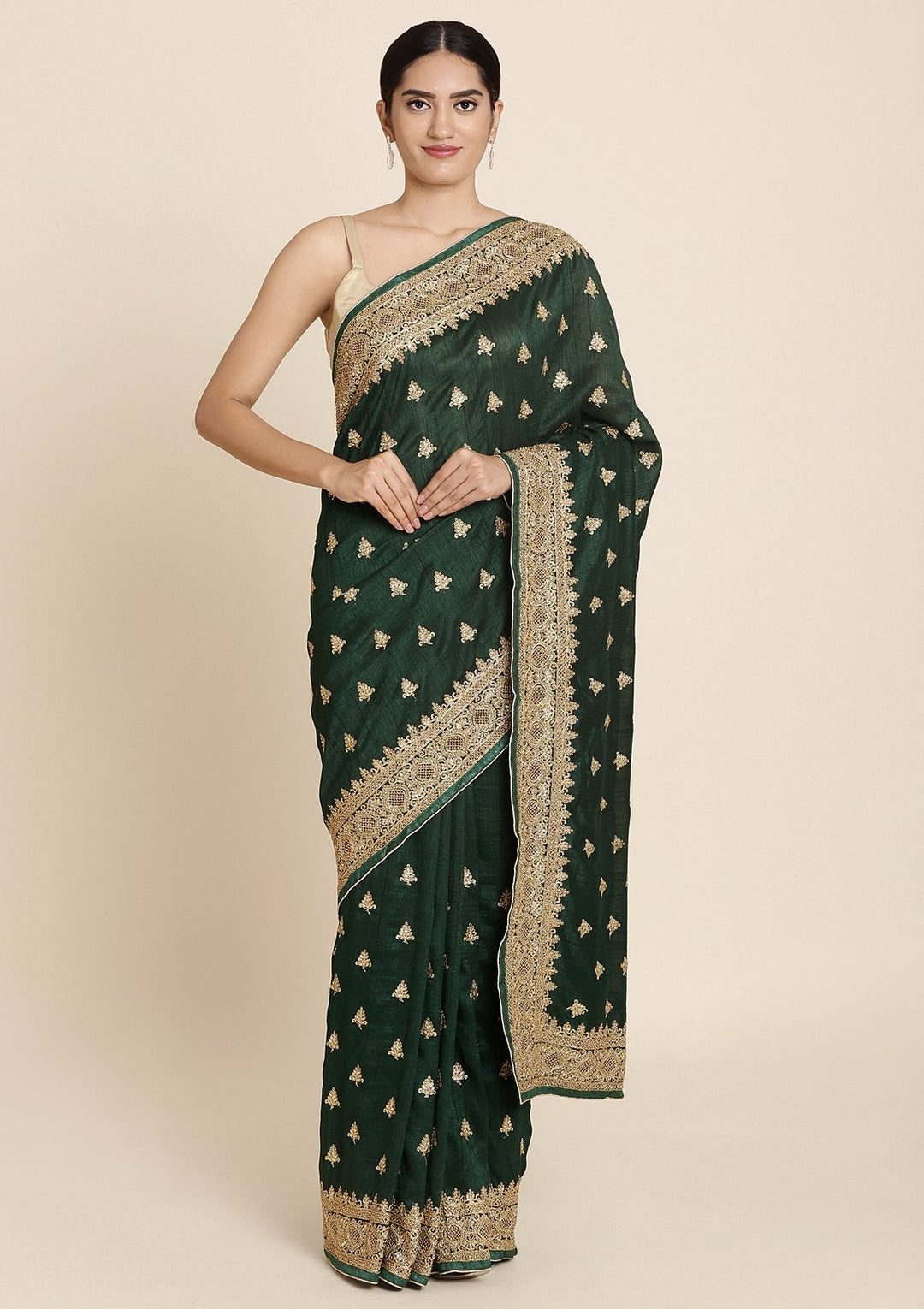 Bottle Green Stonework Art Silk Designer Saree - koskii