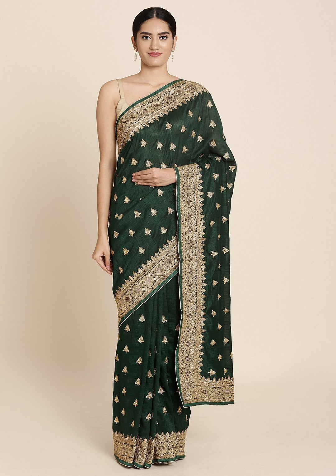 Bottle Green Stonework Art Silk Designer Saree - koskii