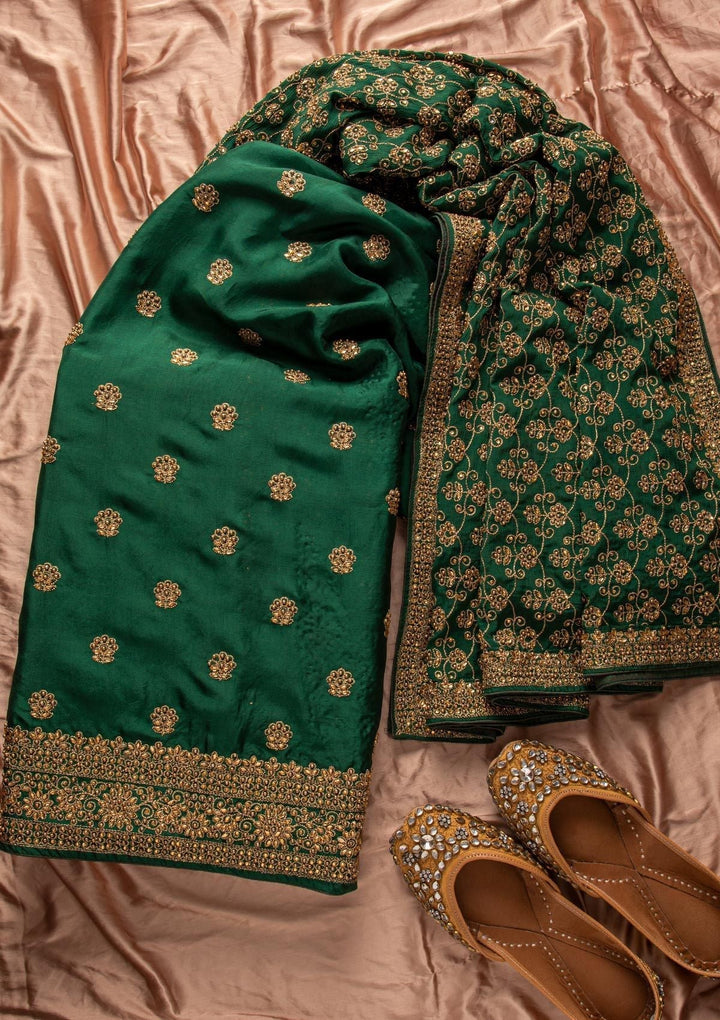 Bottle Green Stonework Semi Crepe Designer Unstitched Salwar Suit - koskii