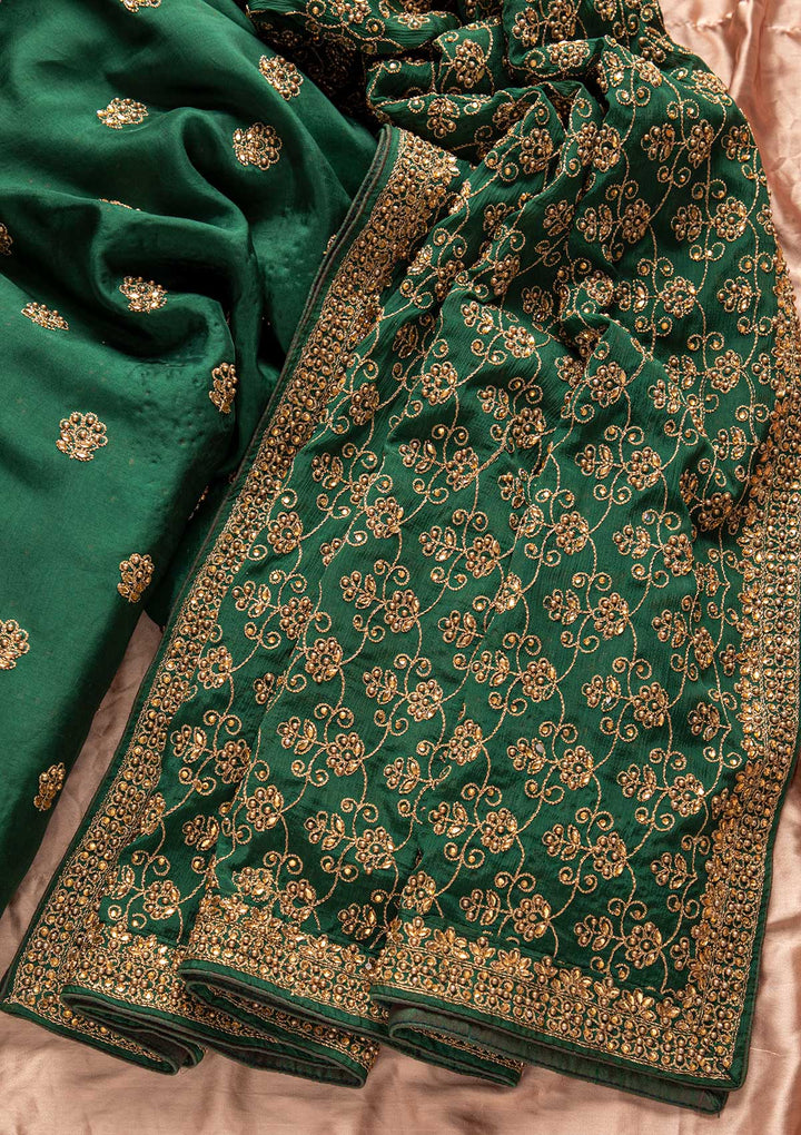 Bottle Green Stonework Semi Crepe Designer Unstitched Salwar Suit - koskii