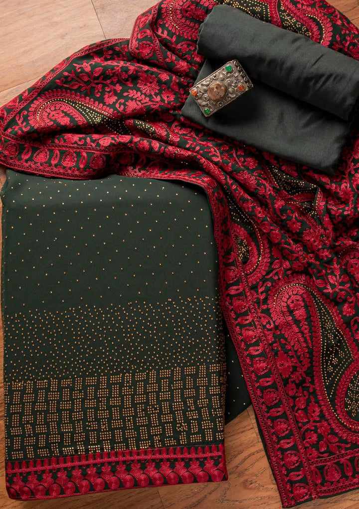 Bottle Green Swarovski Georgette Designer Unstitched Salwar Suit - koskii