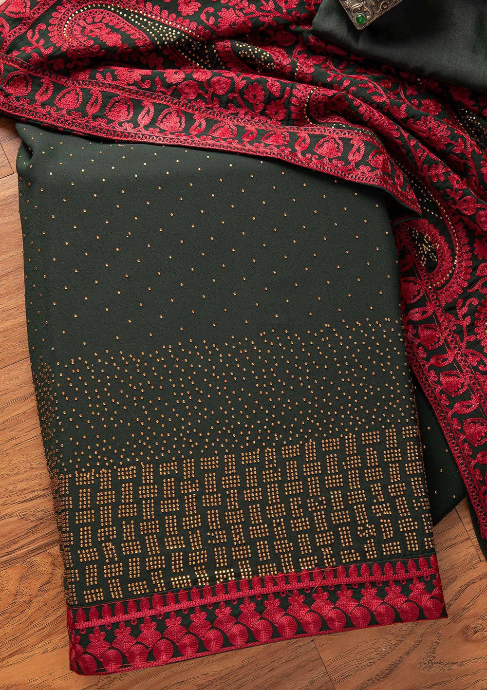 Bottle Green Swarovski Georgette Designer Unstitched Salwar Suit - koskii