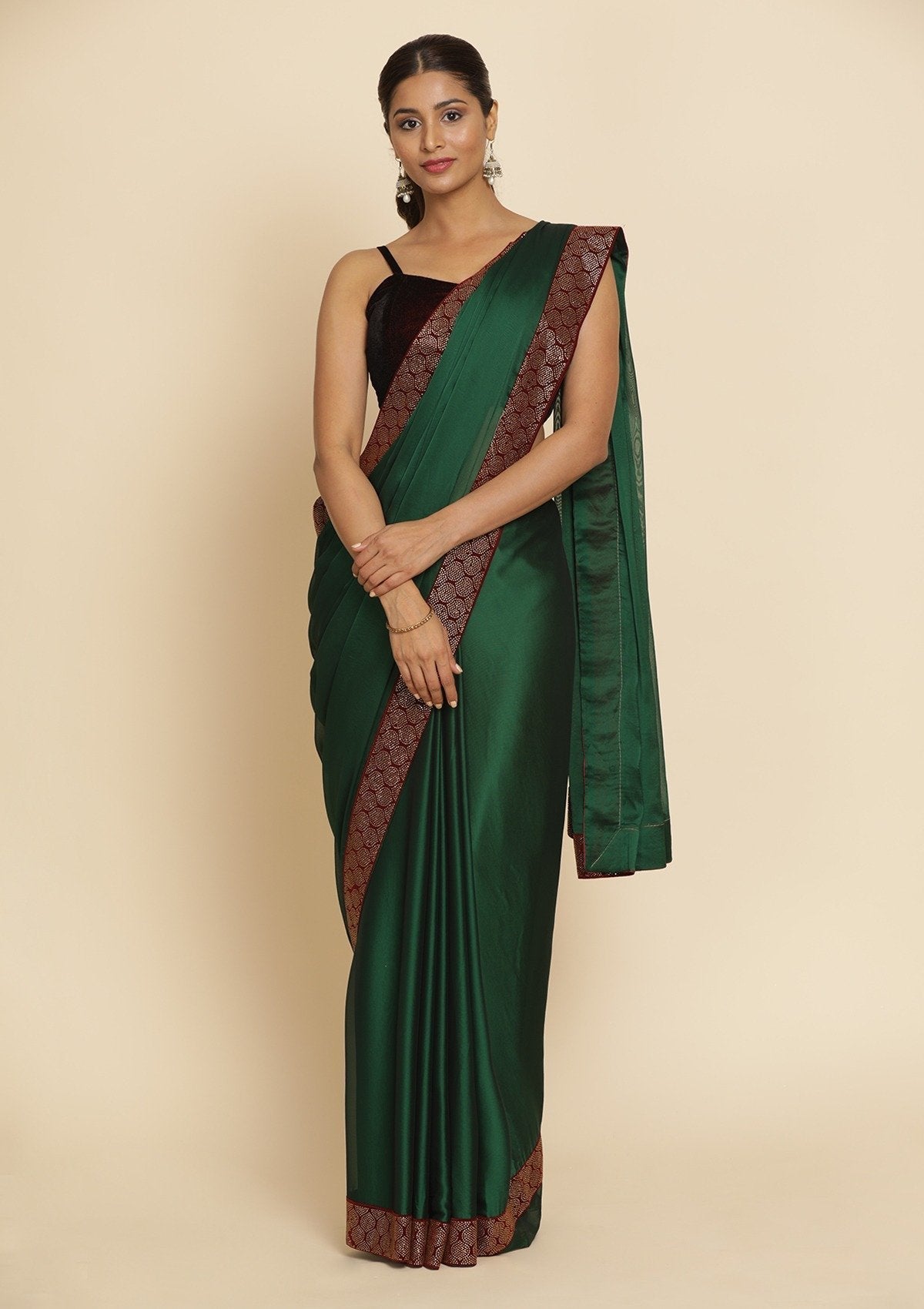 Bottle Green Swarovski Semi Crepe Designer Saree - koskii