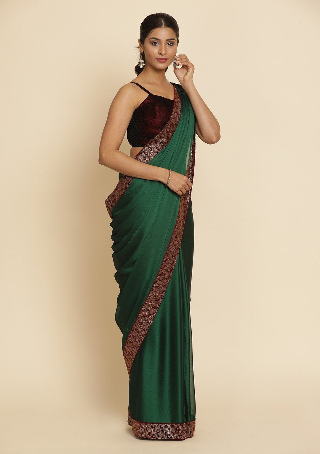 Bottle Green Swarovski Semi Crepe Designer Saree - koskii