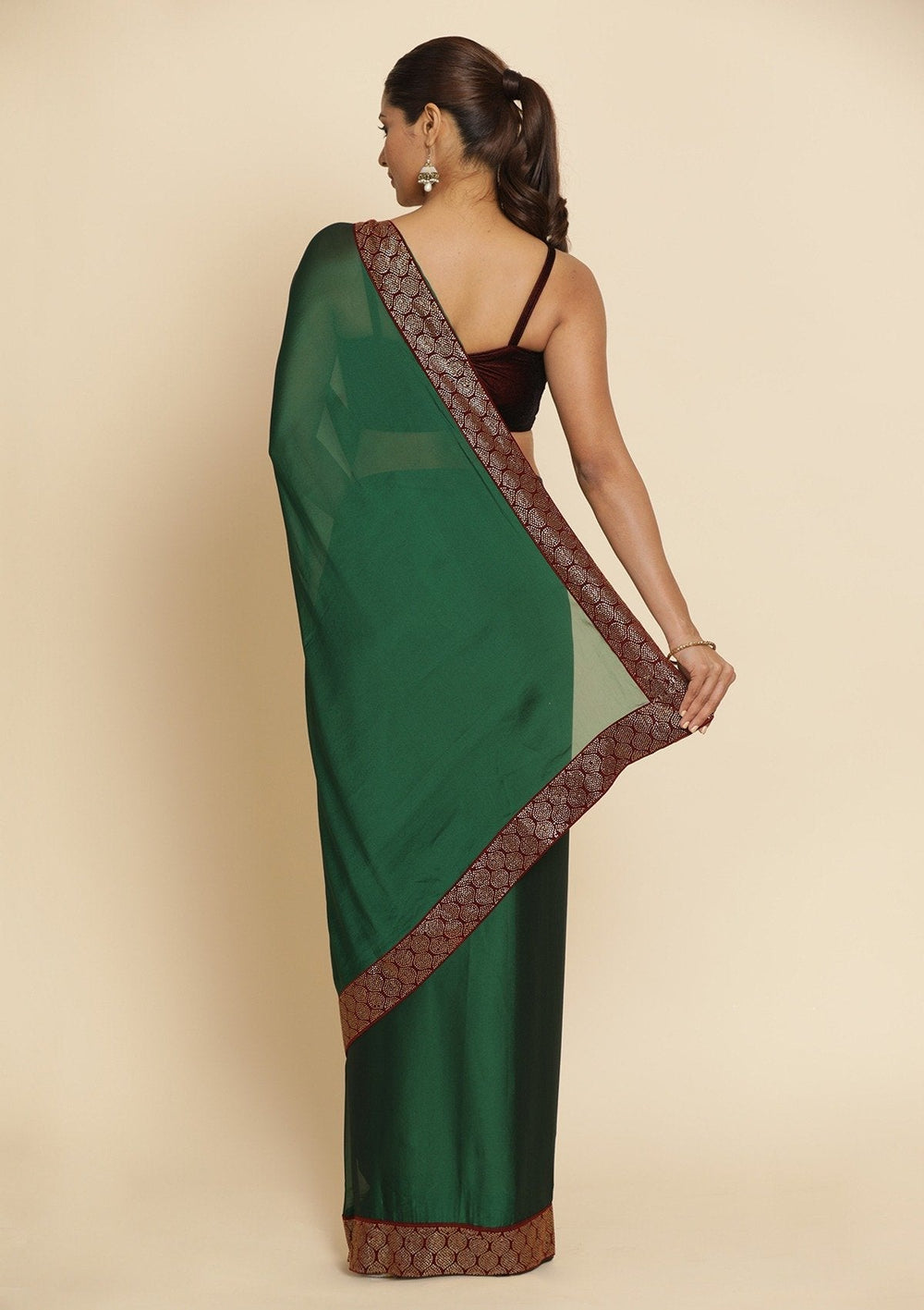 Bottle Green Swarovski Semi Crepe Designer Saree - koskii