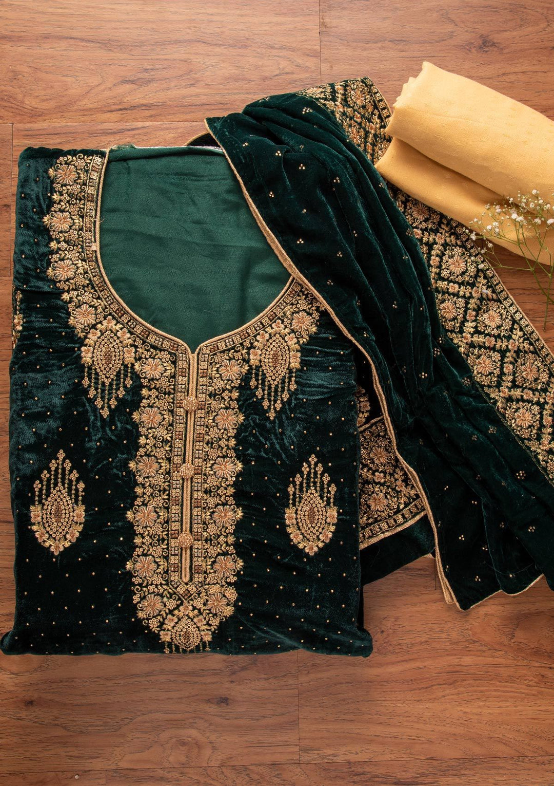 Bottle Green Swarovski Velvet Designer Unstitched Salwar Suit - koskii