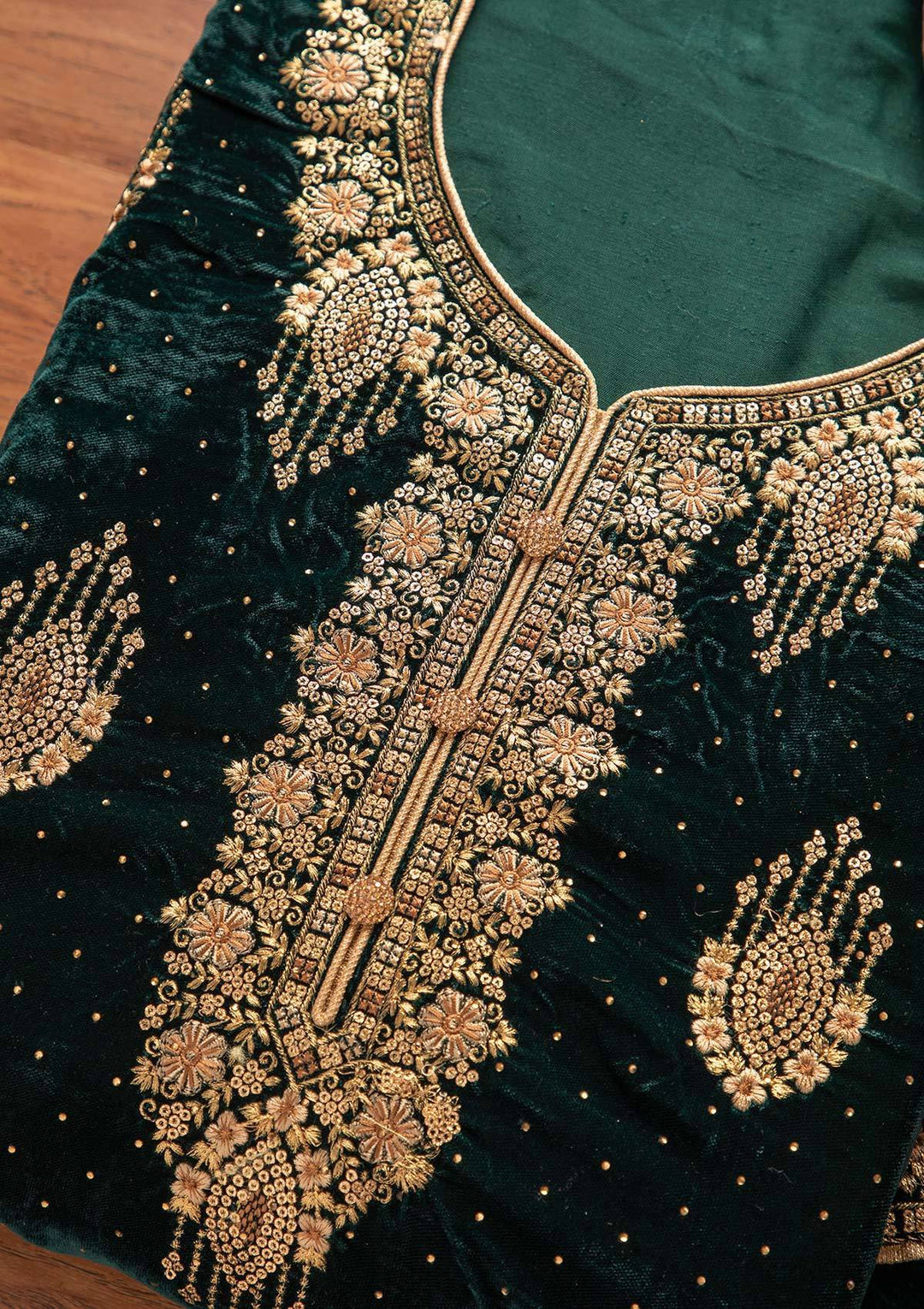 Bottle Green Swarovski Velvet Designer Unstitched Salwar Suit - koskii