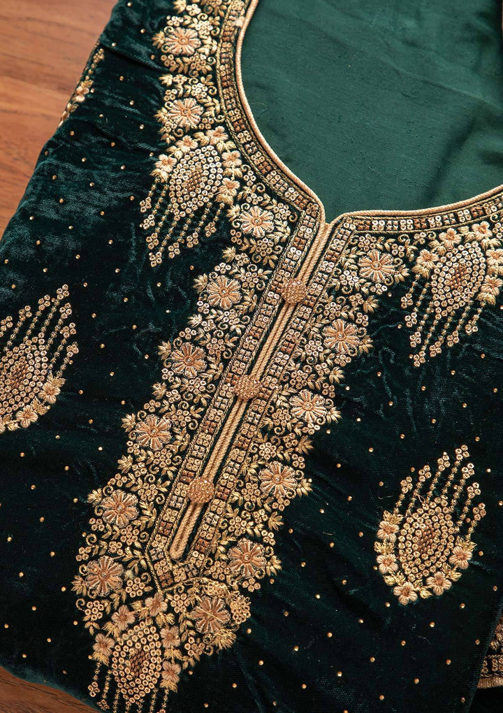 Bottle Green Swarovski Velvet Designer Unstitched Salwar Suit - koskii