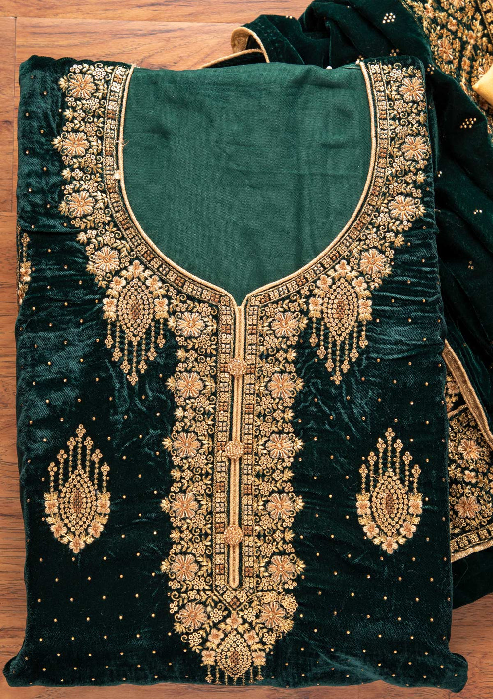 Bottle Green Swarovski Velvet Designer Unstitched Salwar Suit - koskii