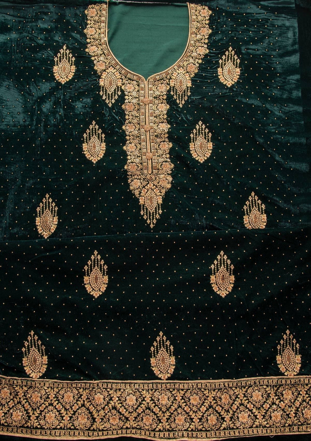 Bottle Green Swarovski Velvet Designer Unstitched Salwar Suit - koskii
