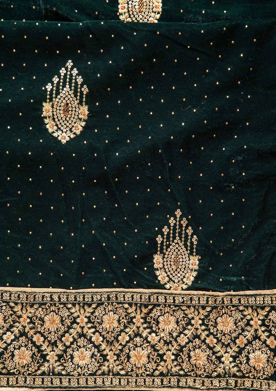 Bottle Green Swarovski Velvet Designer Unstitched Salwar Suit - koskii