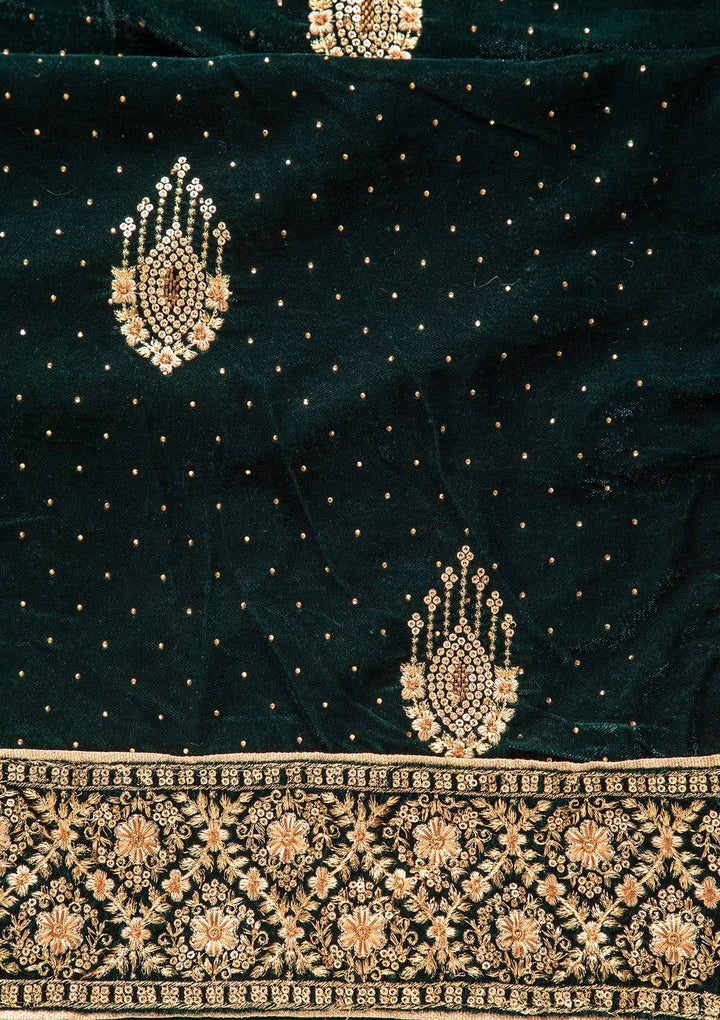 Bottle Green Swarovski Velvet Designer Unstitched Salwar Suit - koskii