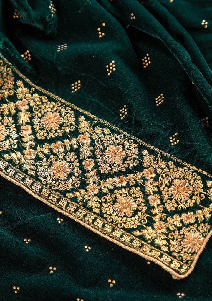 Bottle Green Swarovski Velvet Designer Unstitched Salwar Suit - koskii