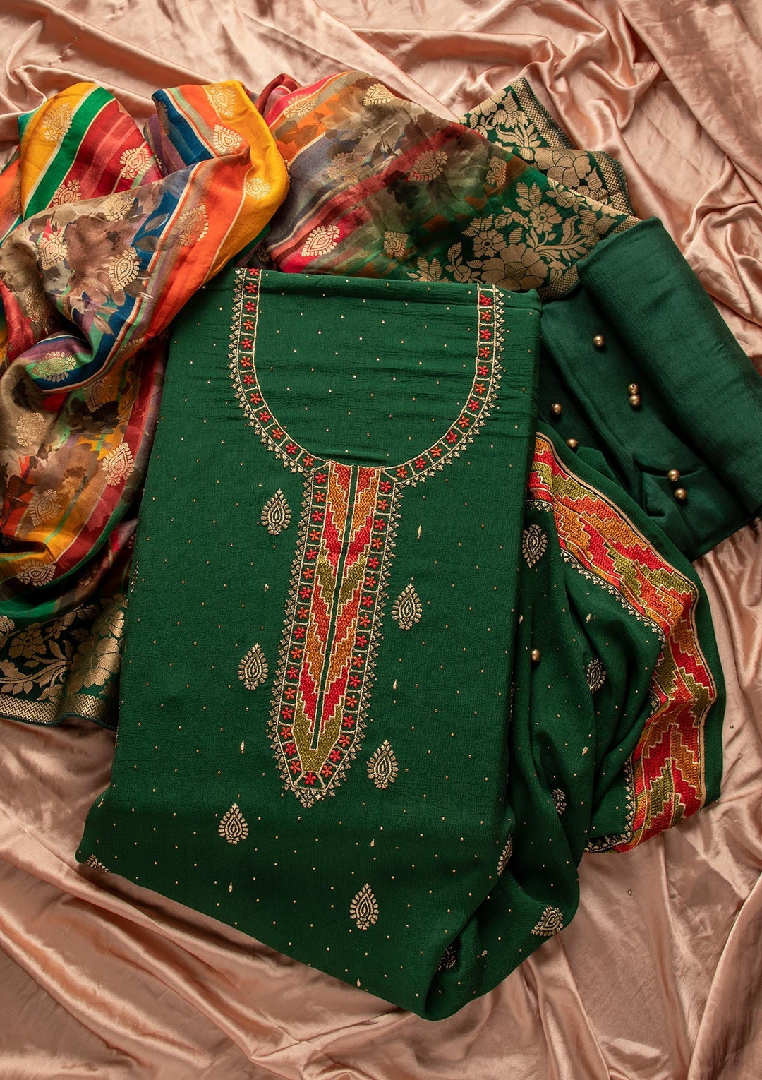 Bottle Green Threadwork Semi Crepe Designer Unstitched Salwar Suit - koskii