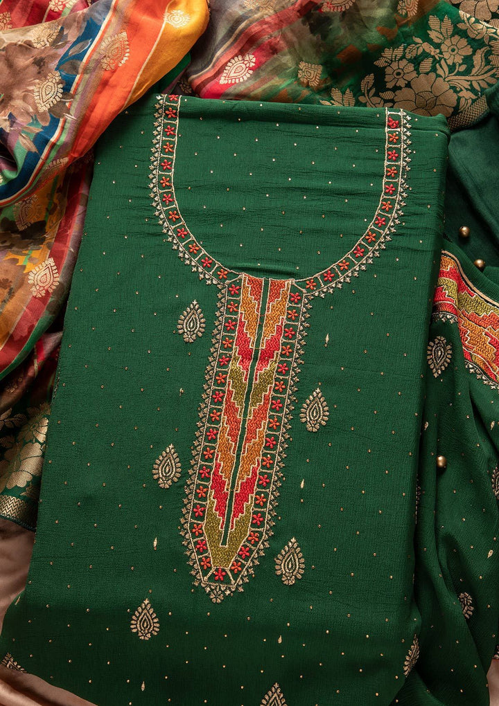 Bottle Green Threadwork Semi Crepe Designer Unstitched Salwar Suit - koskii