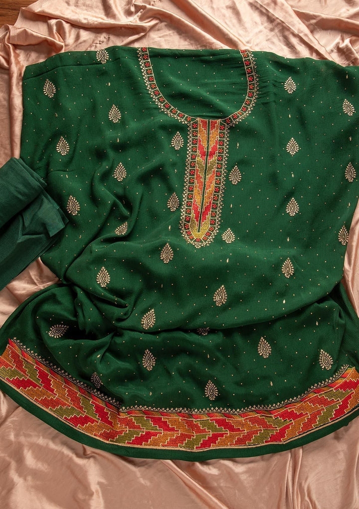 Bottle Green Threadwork Semi Crepe Designer Unstitched Salwar Suit - koskii