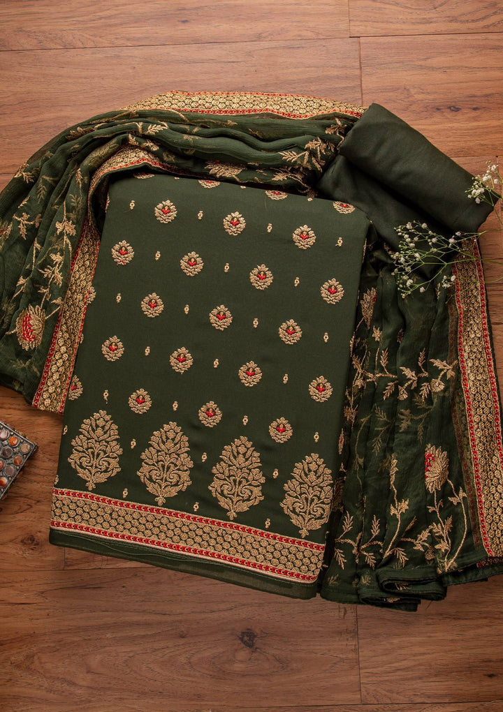 Bottle Green Zariwork Georgette Designer Unstitched Salwar Suit - koskii