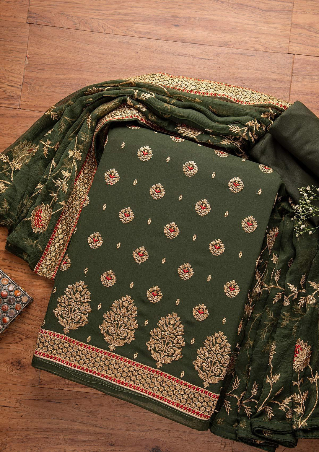 Bottle Green Zariwork Georgette Designer Unstitched Salwar Suit - koskii