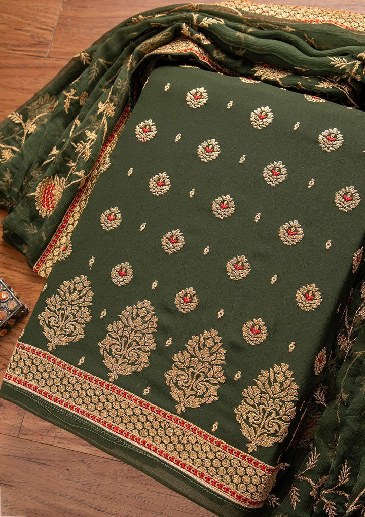 Bottle Green Zariwork Georgette Designer Unstitched Salwar Suit - koskii