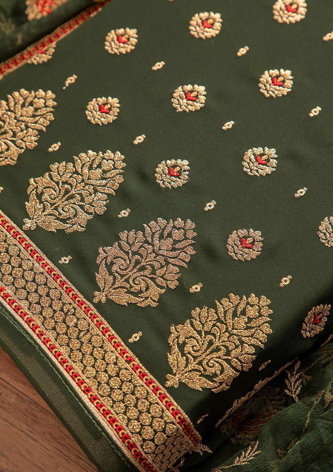 Bottle Green Zariwork Georgette Designer Unstitched Salwar Suit - koskii