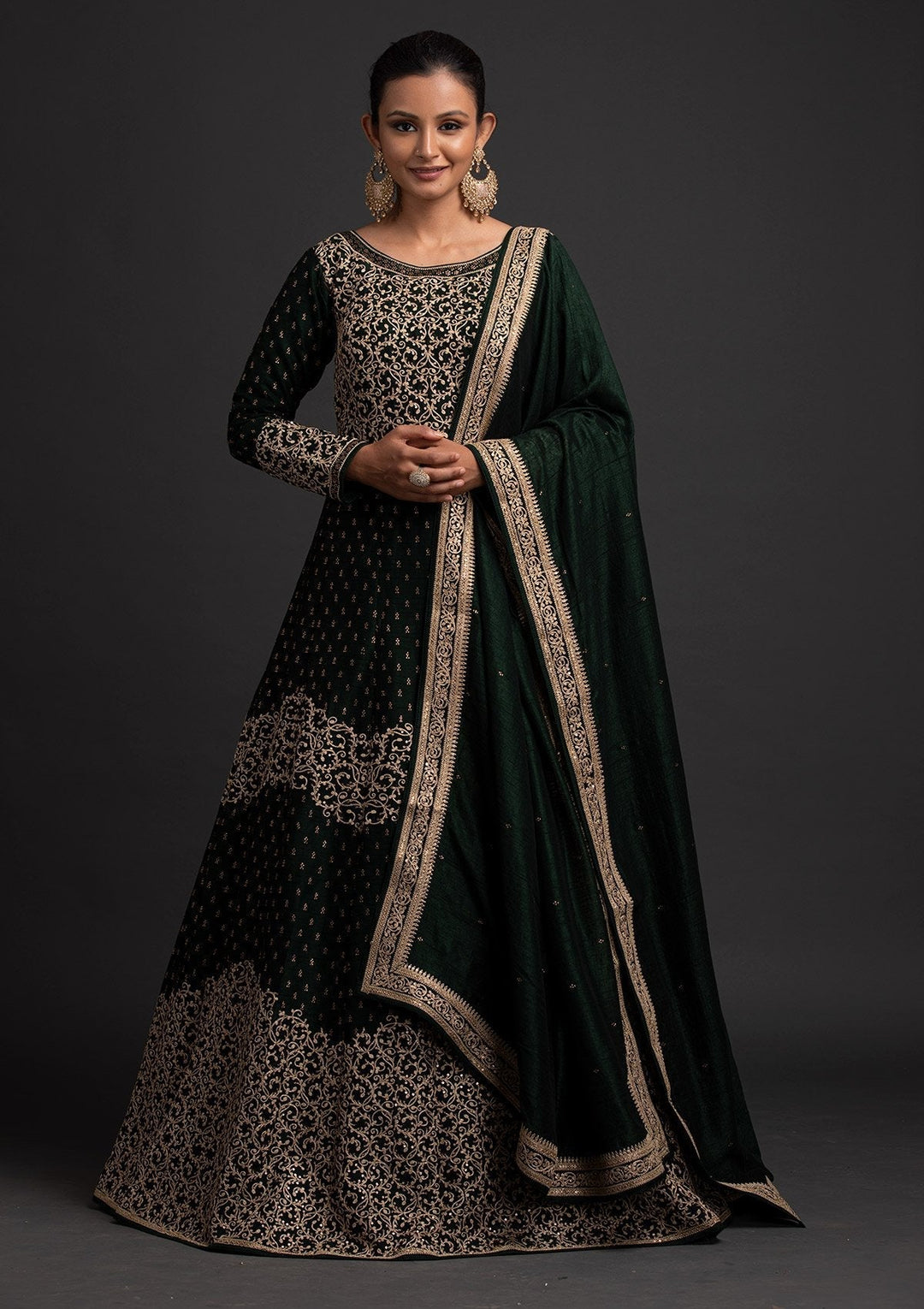 Bottle Green Zariwork Raw Silk Designer Gown - koskii