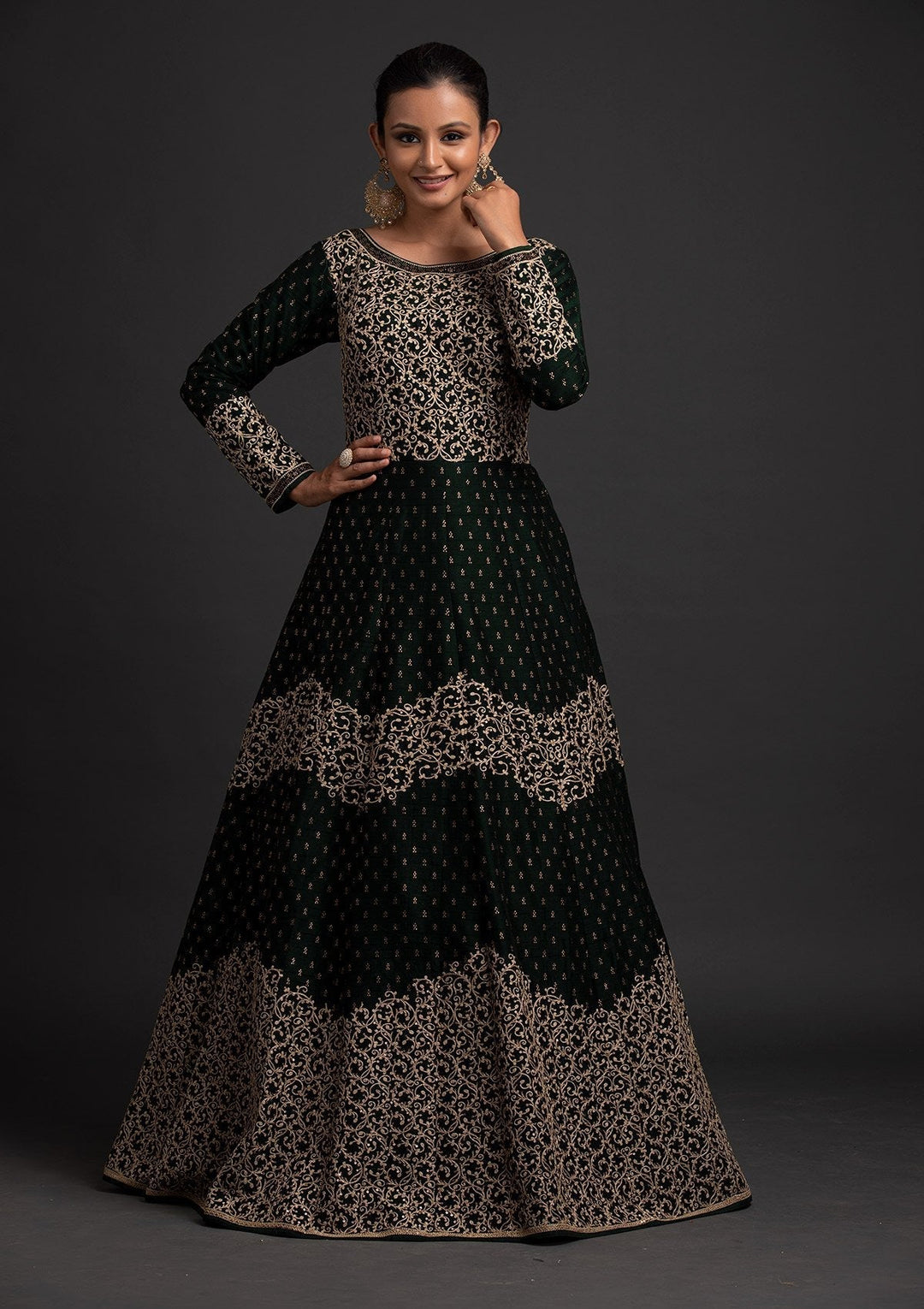 Bottle Green Zariwork Raw Silk Designer Gown - koskii