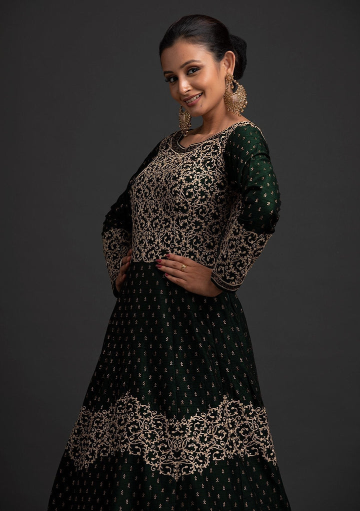 Bottle Green Zariwork Raw Silk Designer Gown - koskii