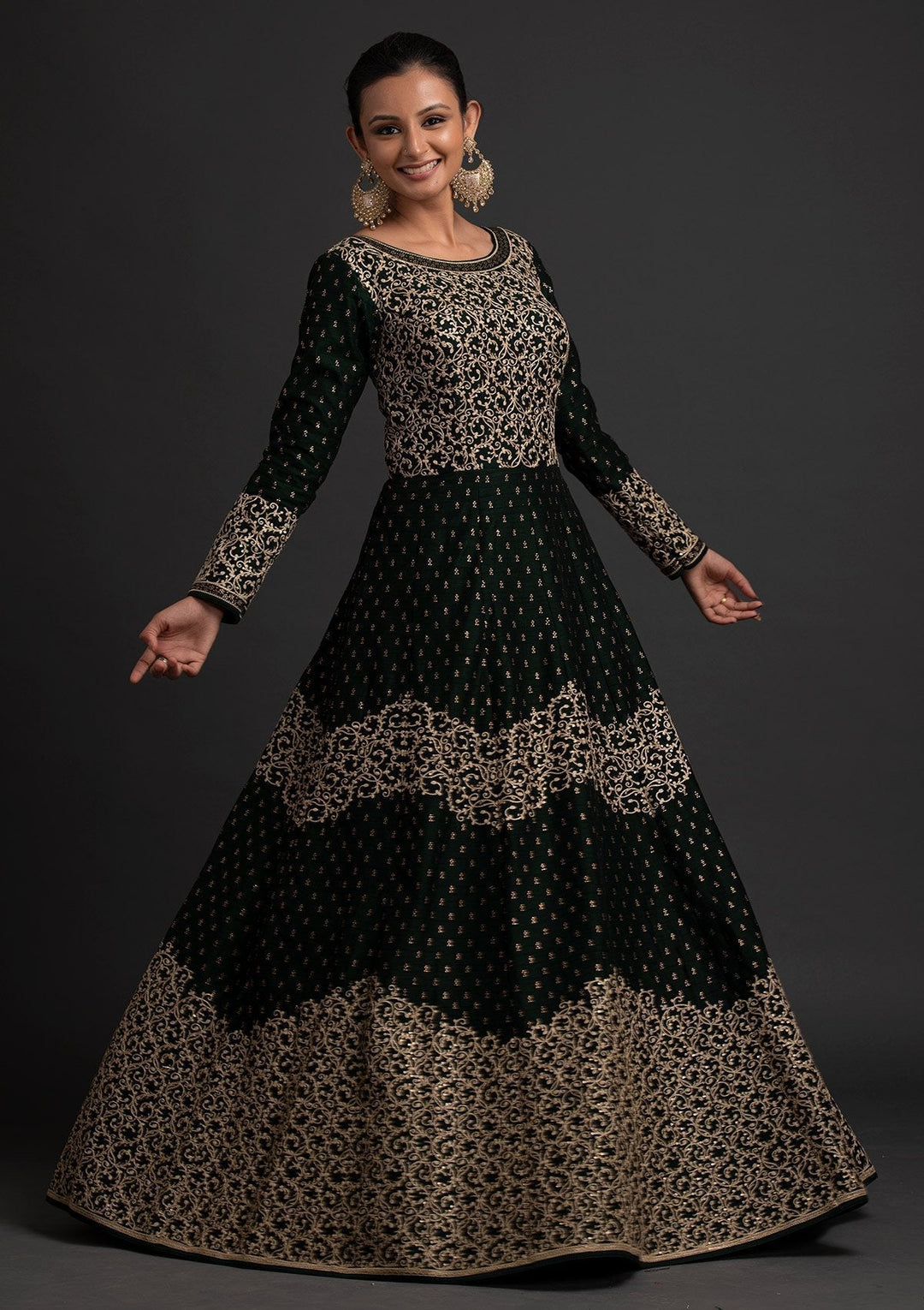 Bottle Green Zariwork Raw Silk Designer Gown - koskii