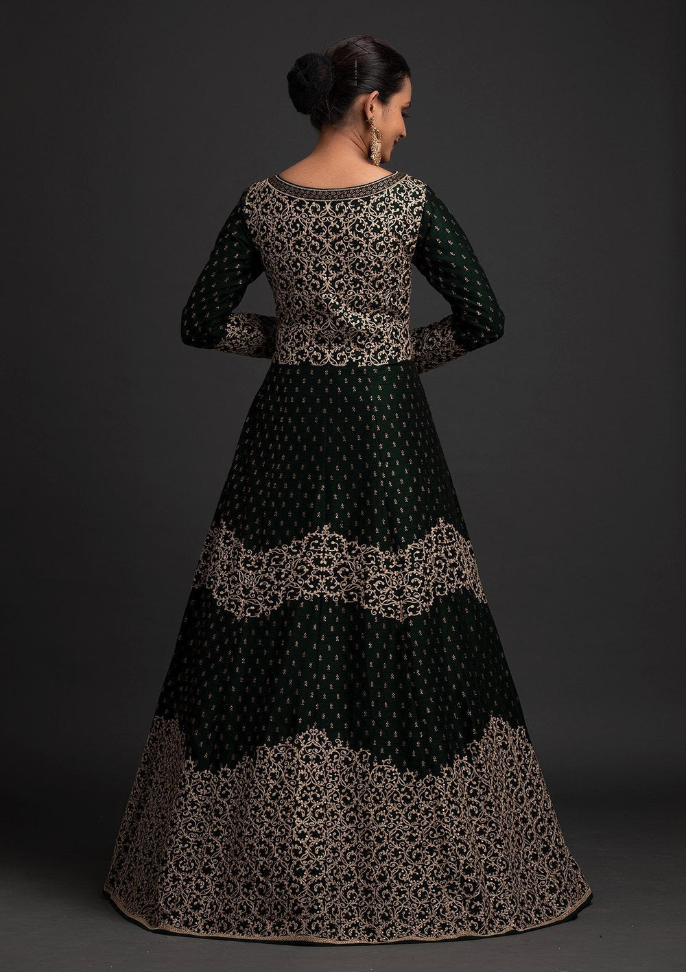 Bottle Green Zariwork Raw Silk Designer Gown - koskii