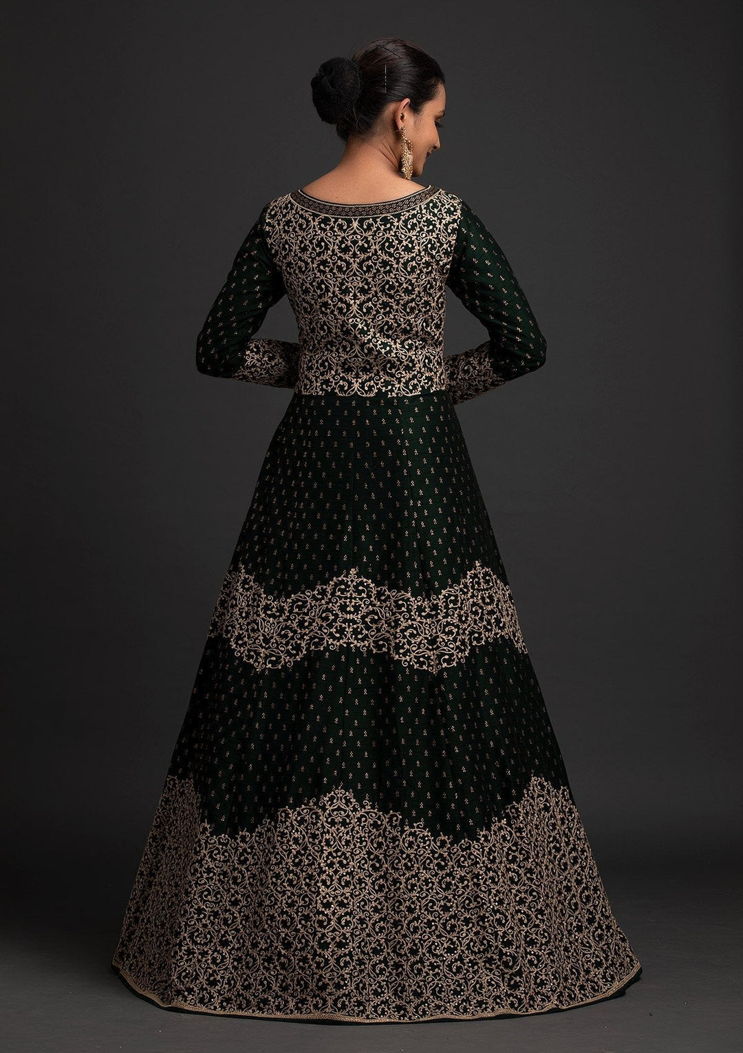 Bottle Green Zariwork Raw Silk Designer Gown - koskii