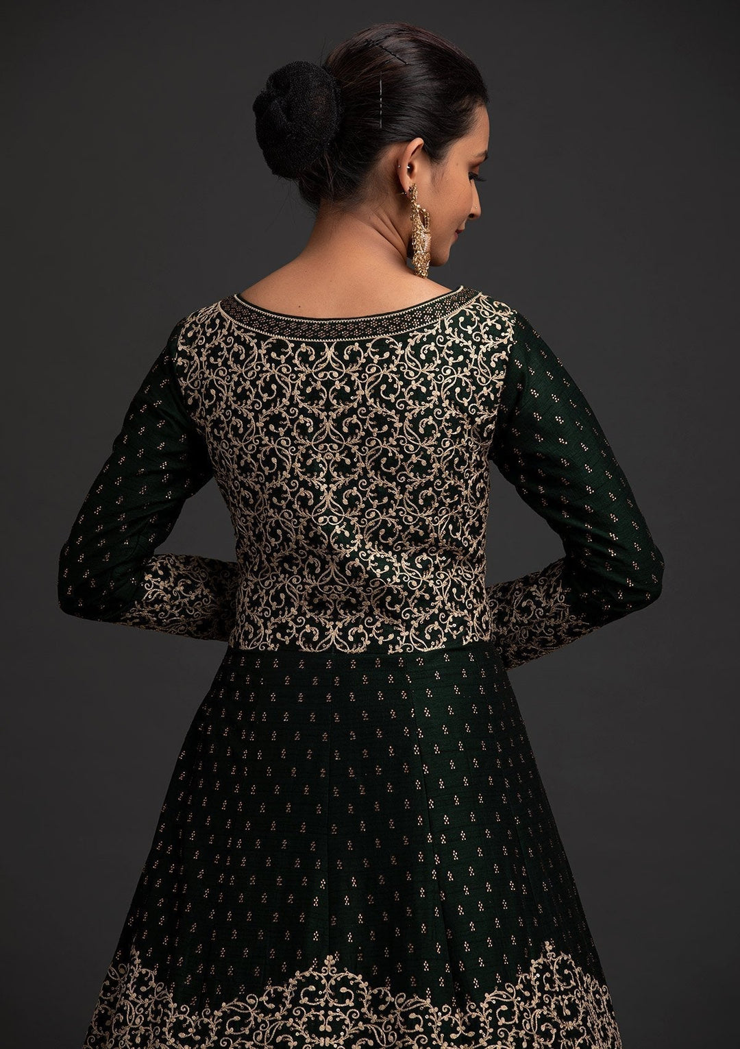 Bottle Green Zariwork Raw Silk Designer Gown - koskii