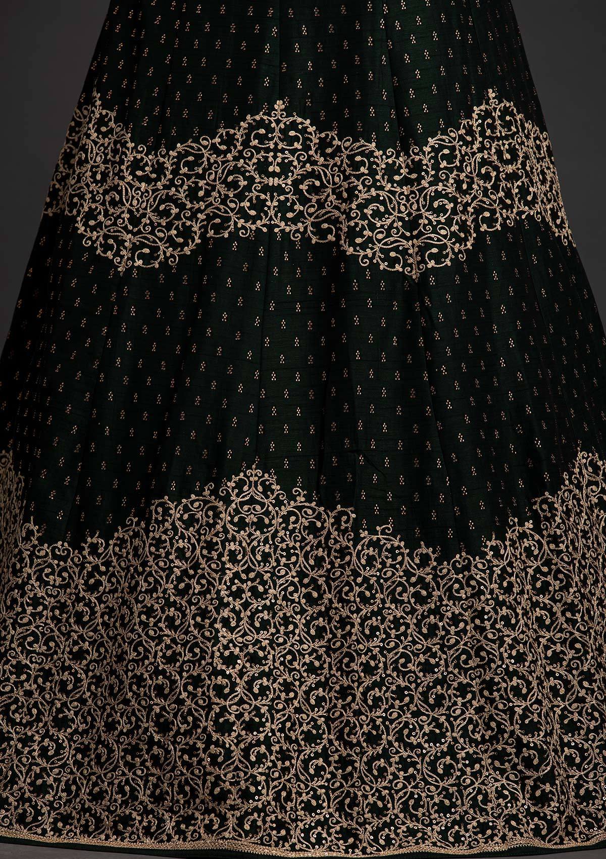Bottle Green Zariwork Raw Silk Designer Gown - koskii