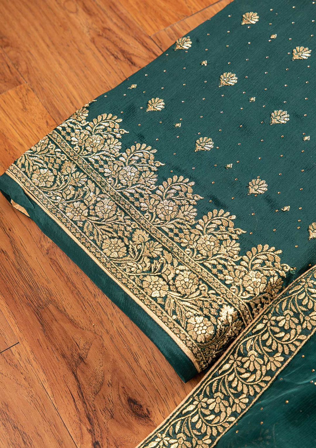Bottle Green Zariwork Semi Crepe Designer Unstitched Salwar Suit - koskii