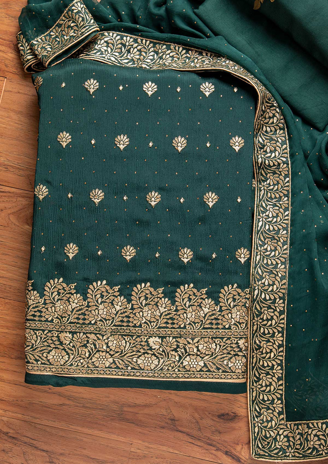Bottle Green Zariwork Semi Crepe Designer Unstitched Salwar Suit - koskii