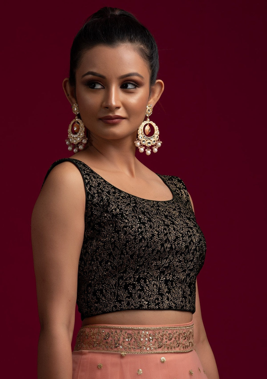 Bottle Green Zariwork Velvet Designer Blouse - koskii