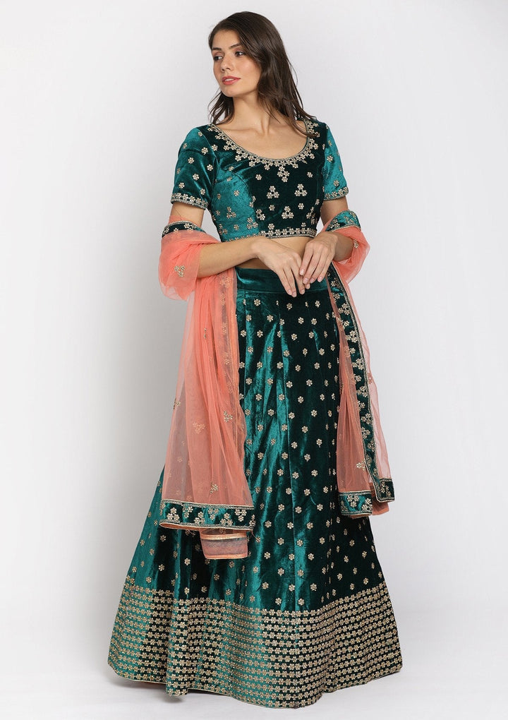 Bottle Green Zariwork Velvet Designer Lehenga - koskii