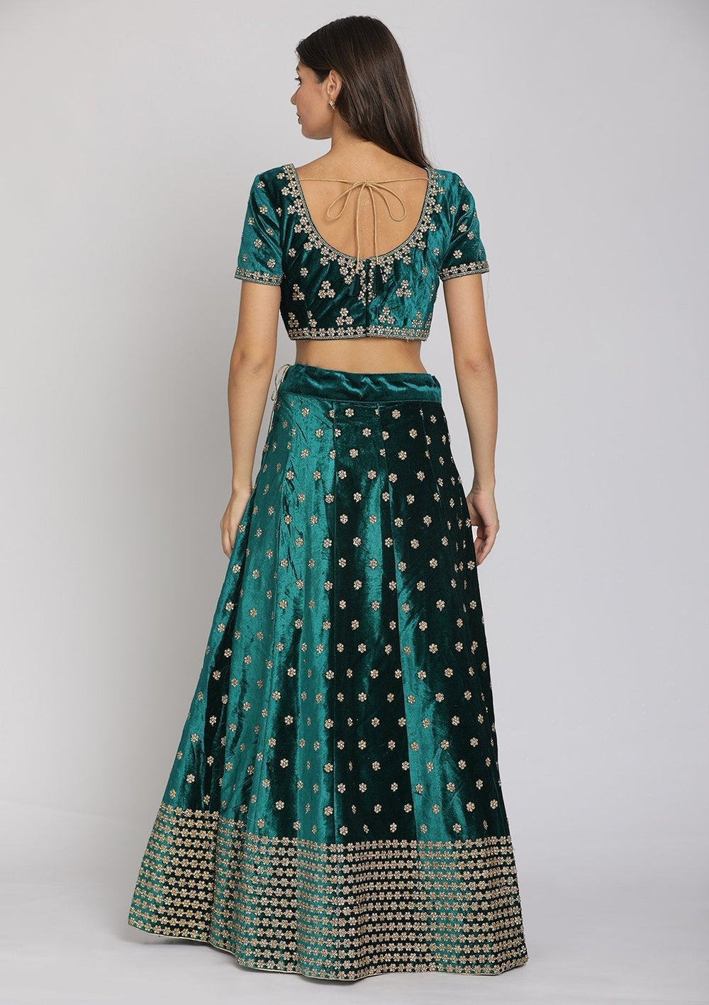 Bottle Green Zariwork Velvet Designer Lehenga - koskii