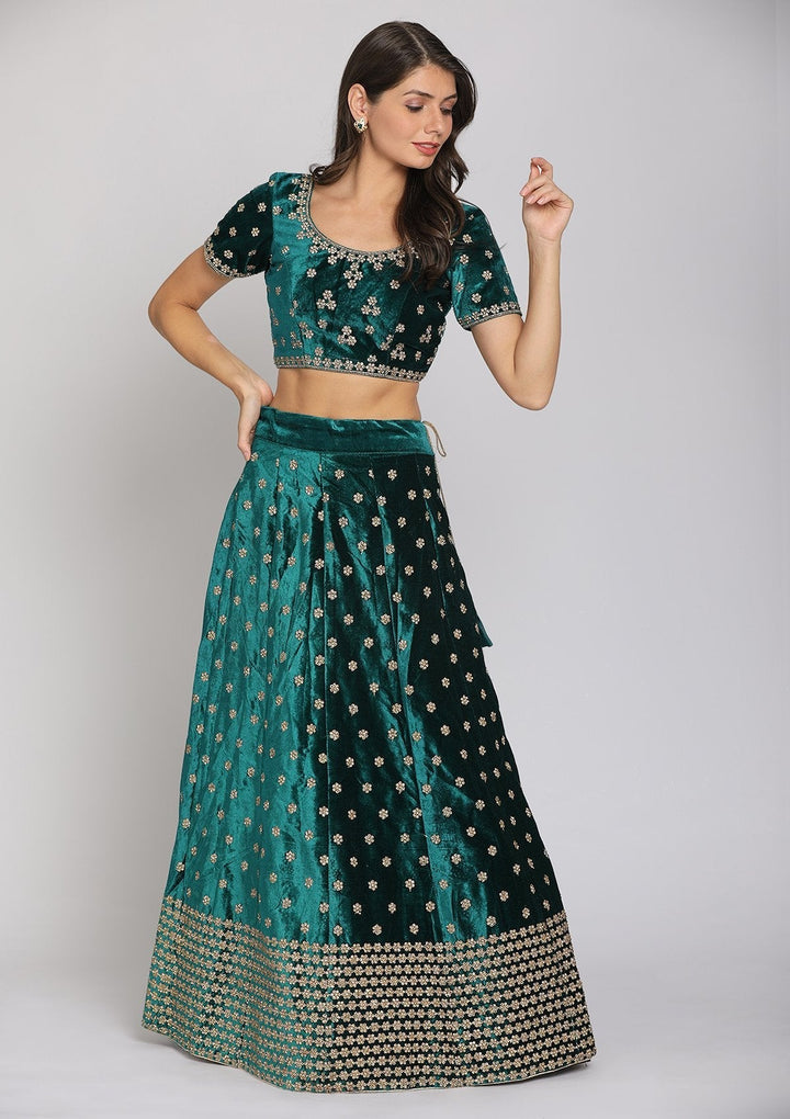 Bottle Green Zariwork Velvet Designer Lehenga - koskii