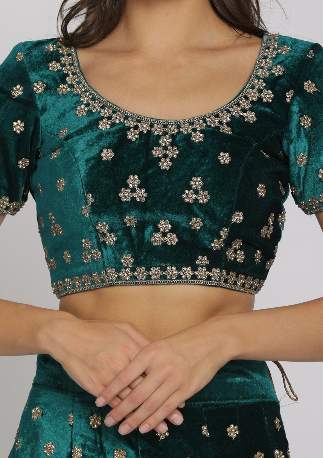 Bottle Green Zariwork Velvet Designer Lehenga - koskii